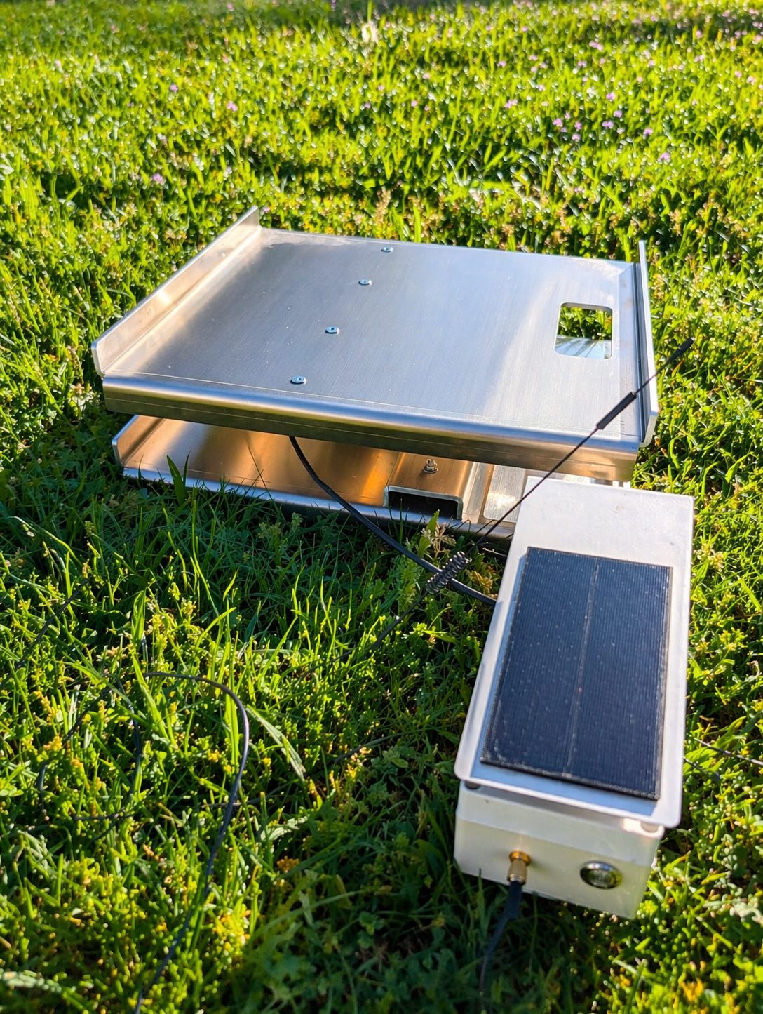 Balance connectée solaire Miecolo installée sous une ruche en rucher extérieur